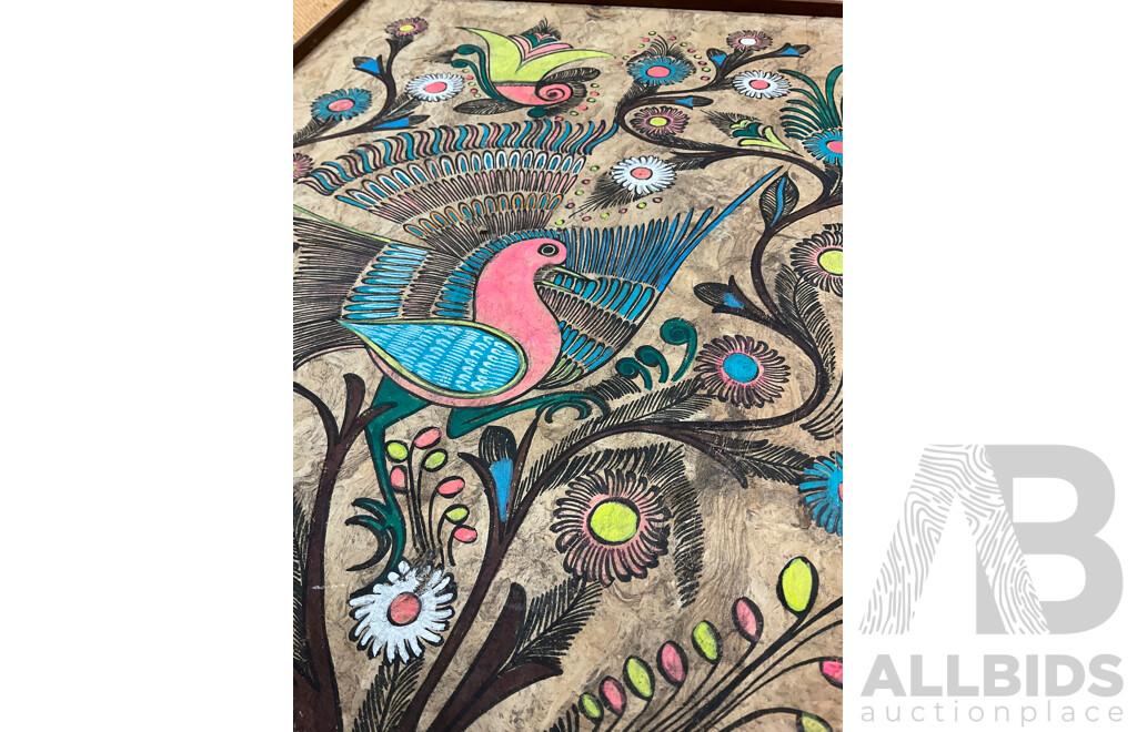 Large Mexican Folk Art Paintig, Mixed Media on Bark, 88 X 65 Cm (frame)