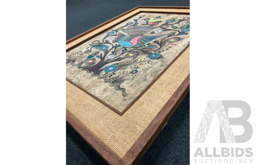 Large Mexican Folk Art Paintig, Mixed Media on Bark, 88 X 65 Cm (frame)