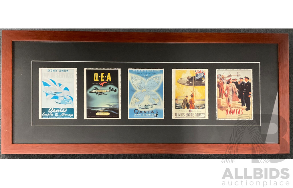 Framed Collection of Five Vintage Posters From Qantas Empire Airways, 36 X 84 Cm (frame)