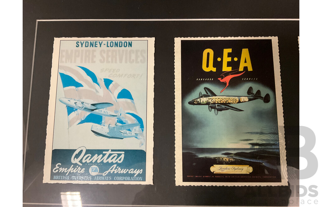 Framed Collection of Five Vintage Posters From Qantas Empire Airways, 36 X 84 Cm (frame)