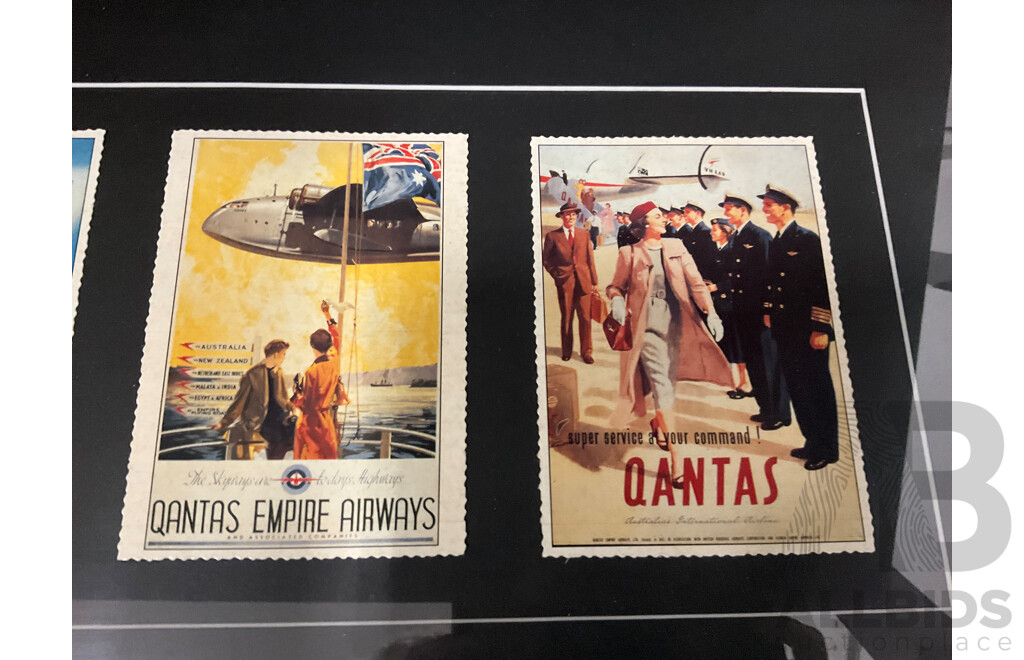 Framed Collection of Five Vintage Posters From Qantas Empire Airways, 36 X 84 Cm (frame)