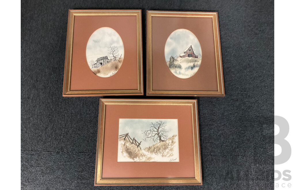 Les Barnett (20th Century Montana Artist) - Set of 3 Watercolor Painting,  27 X 23 Cm (frame)