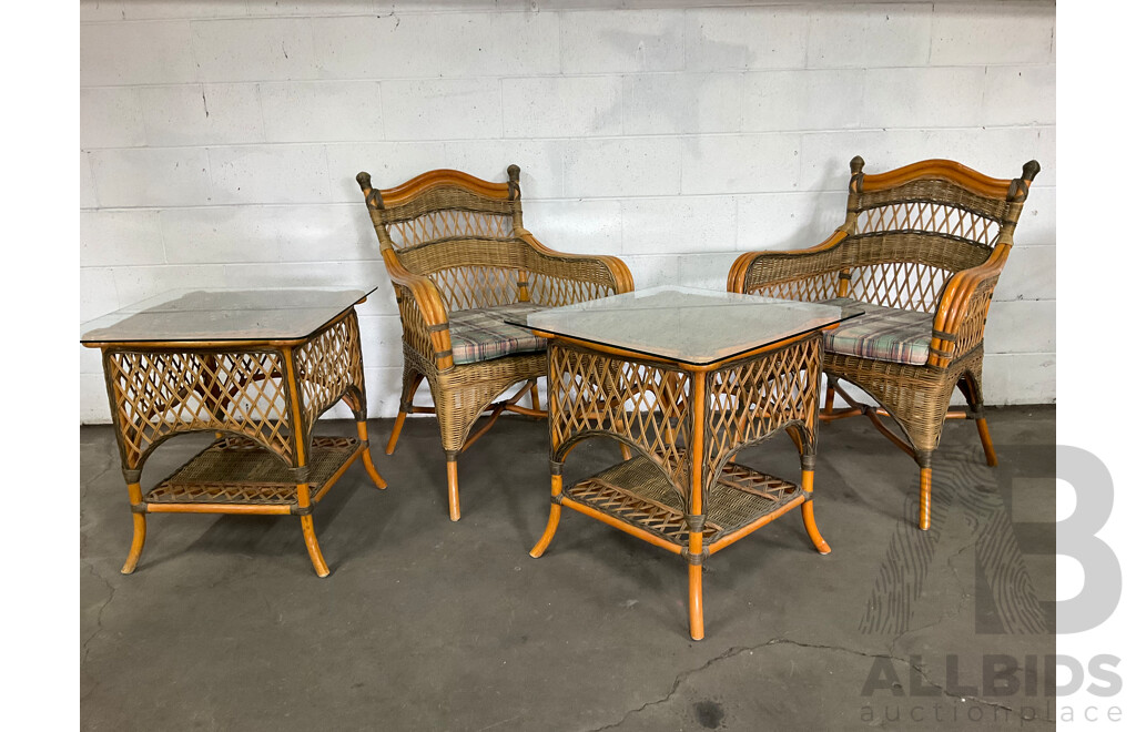 Cane & Rattan Garden Coffee Set and Rattan Wicker Cane Shelving - Lot of 5