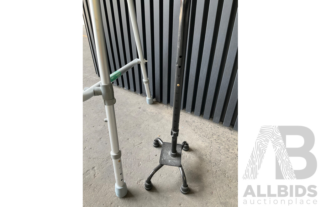 Walking Frame Folding Ball Walker Medium and Quad Stick Adjustable Small Base - Lot of 2