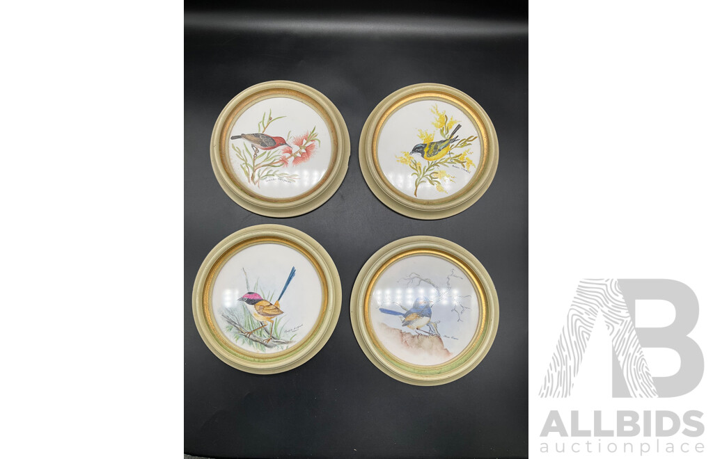 Set of 4 Bird on Branch Round Framed Art - Handpainted