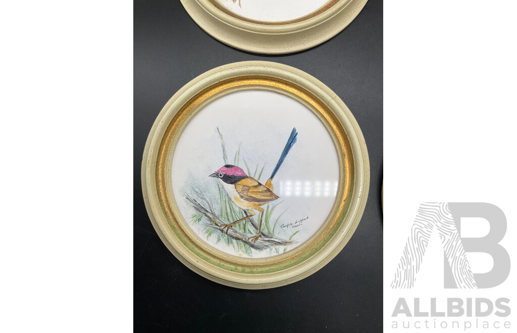 Set of 4 Bird on Branch Round Framed Art - Handpainted