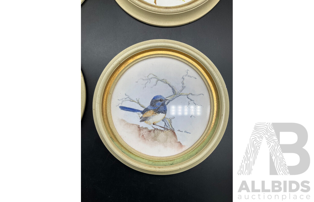 Set of 4 Bird on Branch Round Framed Art - Handpainted