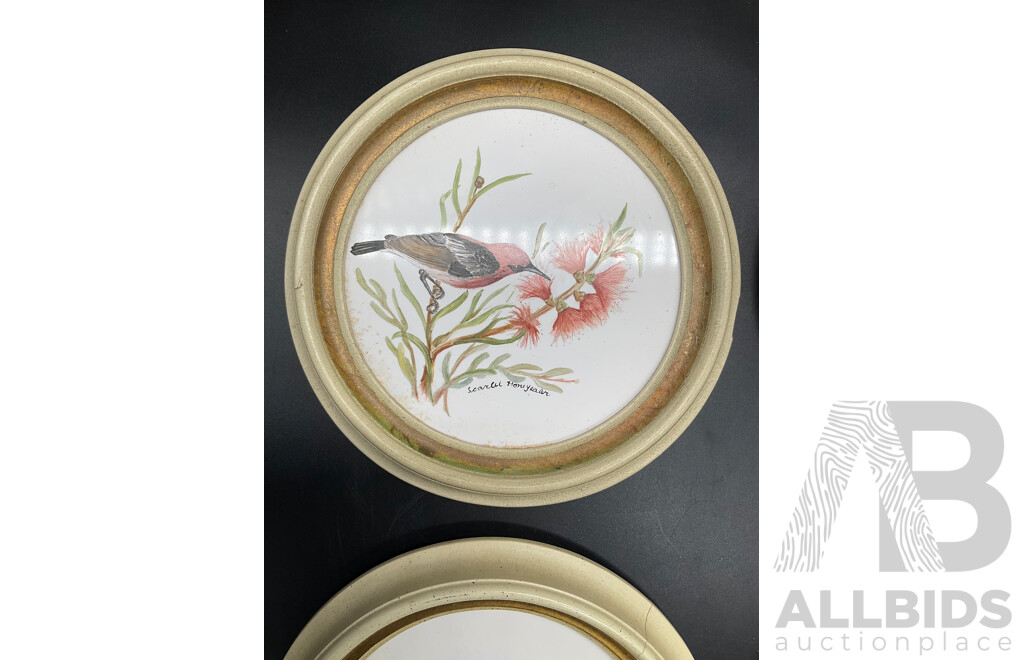 Set of 4 Bird on Branch Round Framed Art - Handpainted