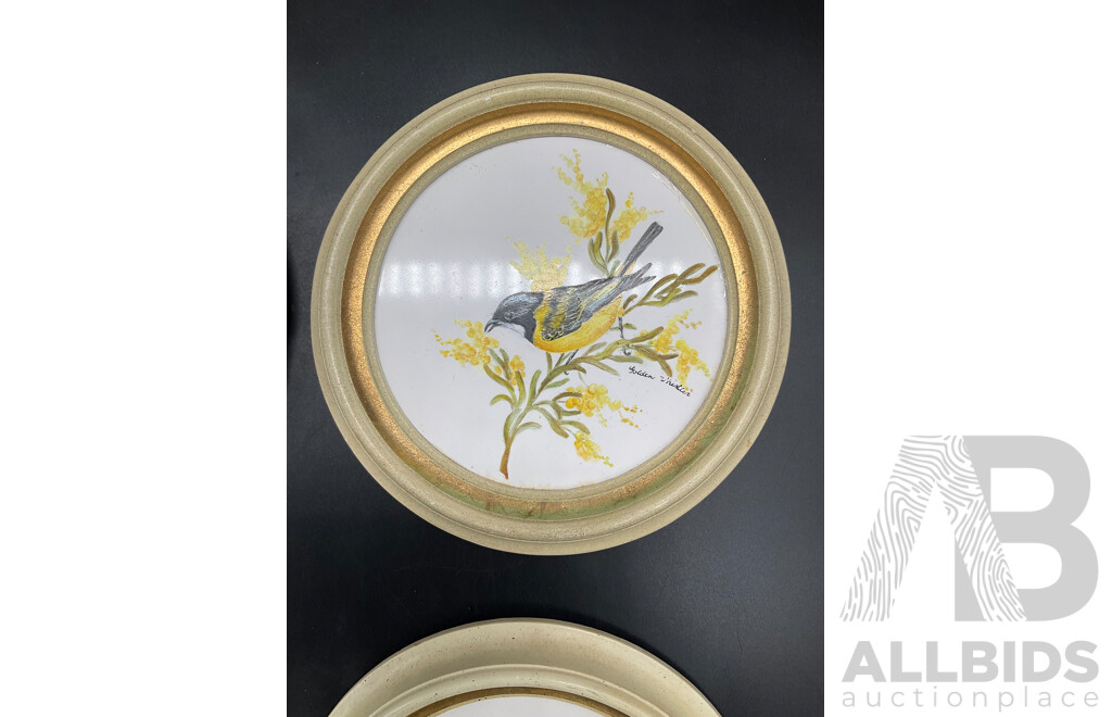 Set of 4 Bird on Branch Round Framed Art - Handpainted