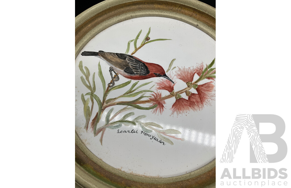 Set of 4 Bird on Branch Round Framed Art - Handpainted