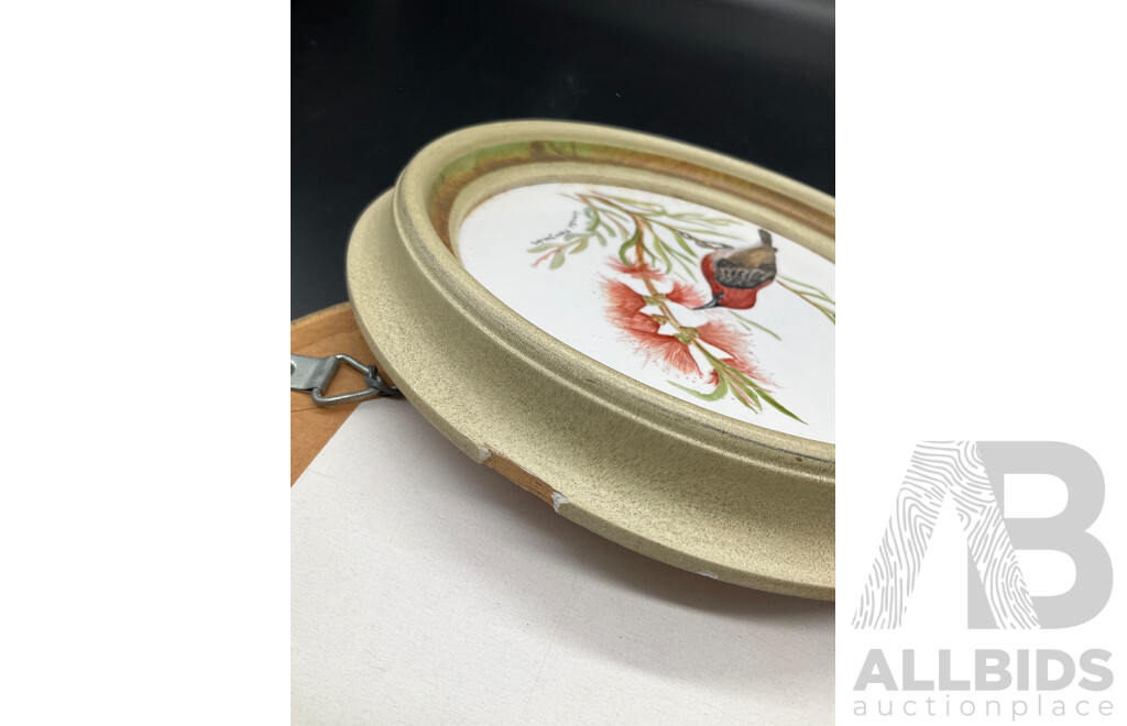 Set of 4 Bird on Branch Round Framed Art - Handpainted