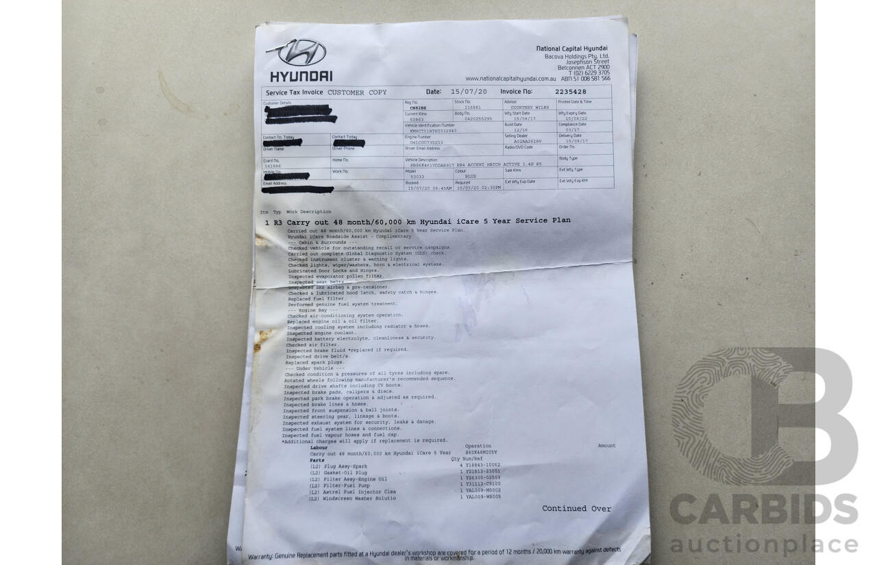 3/2017 Hyundai Accent Active RB4 MY17 5d Hatchback Blue 1.4L