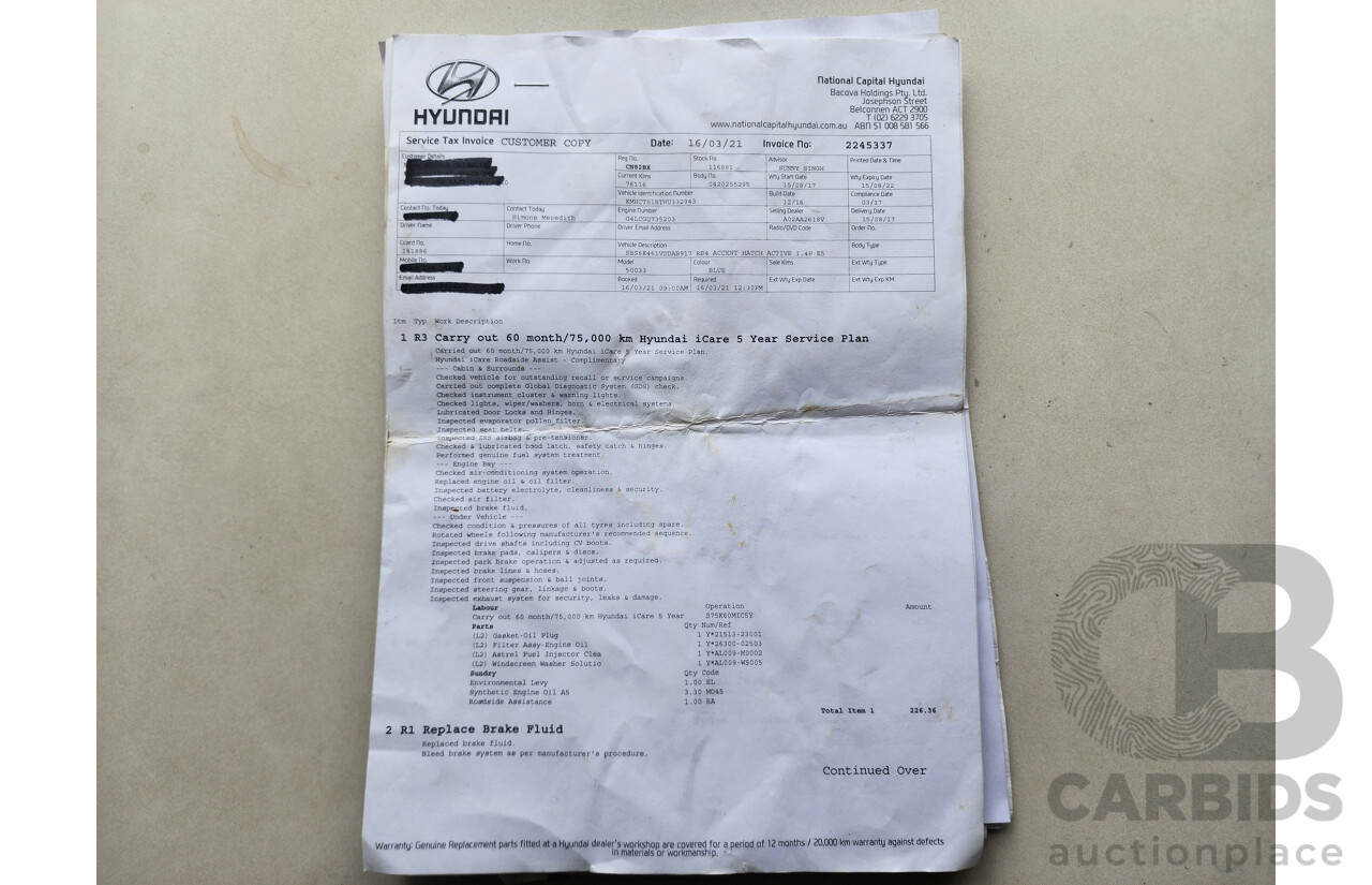 3/2017 Hyundai Accent Active RB4 MY17 5d Hatchback Blue 1.4L