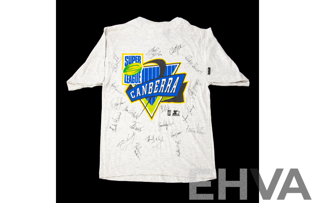 Signed Canberra Raiders Starter T Shirt Inc Bradley Clyde, Ricky Stewart and Todd Payton