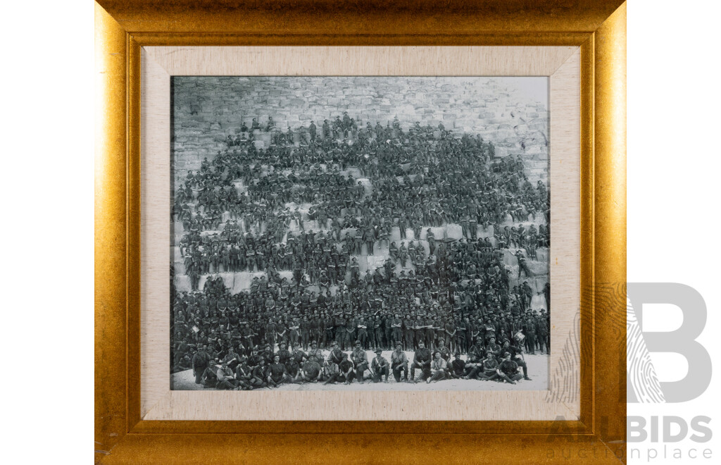 Artist Unknown, (20th Century), Anzac Pyramid - 11th Battalion Before Deployment to Gallipoli, Cheops Pyramid, Egypt, Sunday 10th January 1915, Reproduction Photograph of Original, 74 x 84 cm (frame)