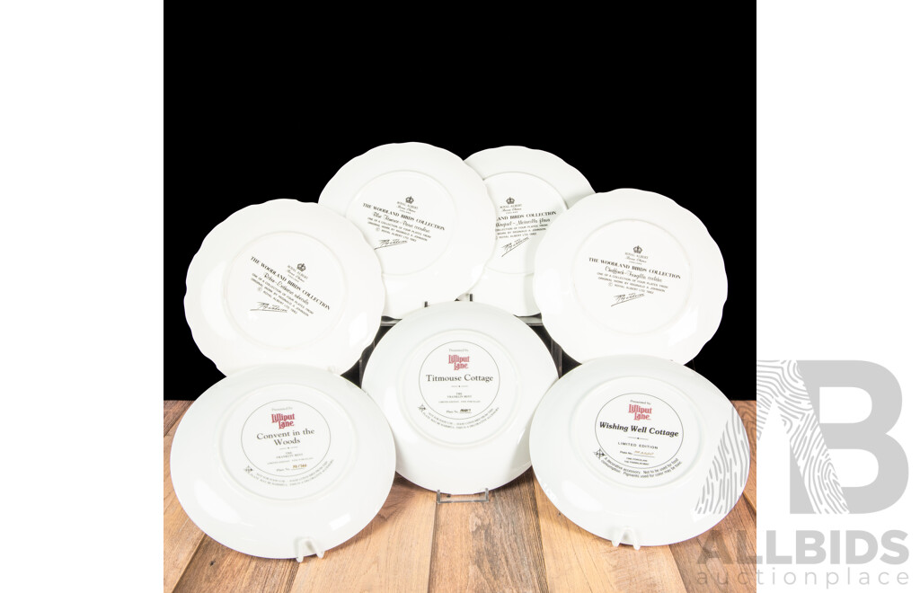 Set of Four Royal Albert Woodland Birds Collection Wall Plates with Three Lilliput Lane Plates