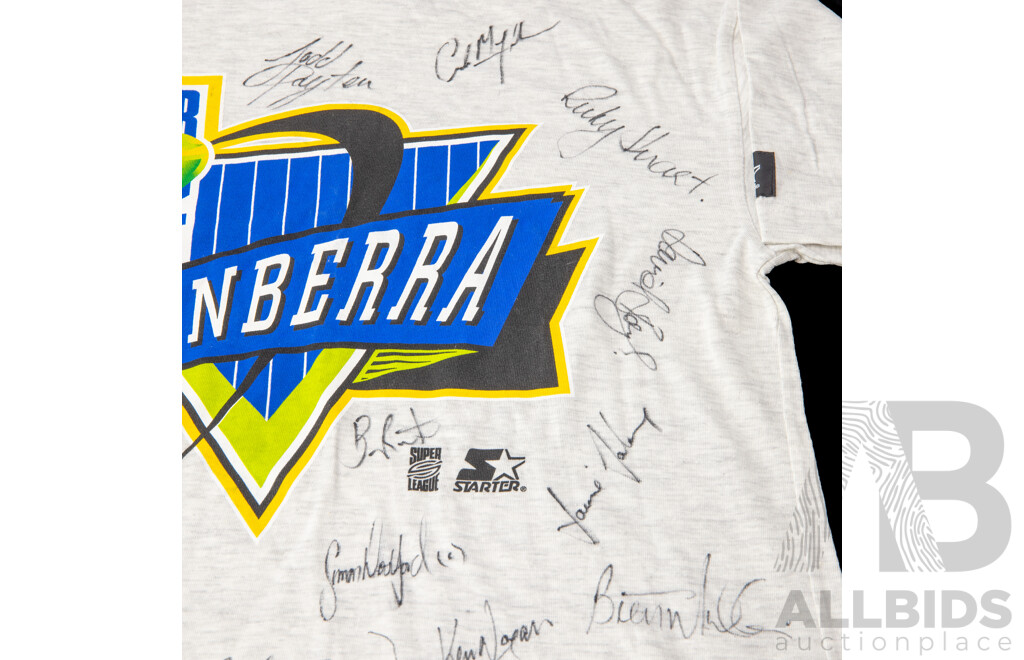 Signed Canberra Raiders Starter T Shirt Inc Bradley Clyde, Ricky Stewart and Todd Payton