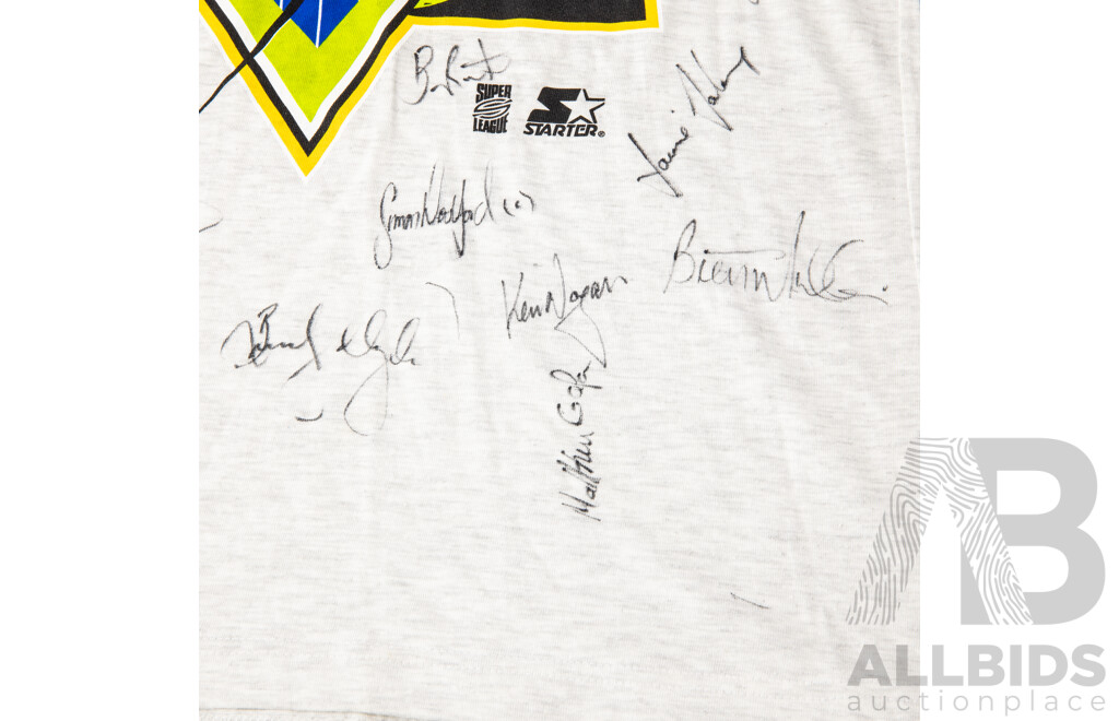 Signed Canberra Raiders Starter T Shirt Inc Bradley Clyde, Ricky Stewart and Todd Payton