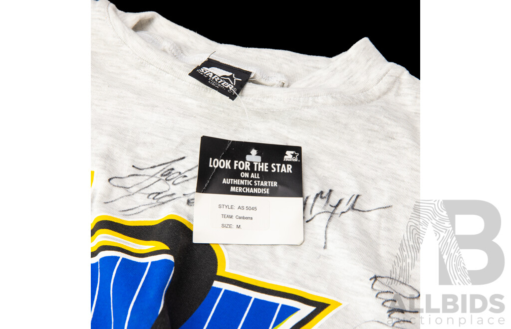 Signed Canberra Raiders Starter T Shirt Inc Bradley Clyde, Ricky Stewart and Todd Payton