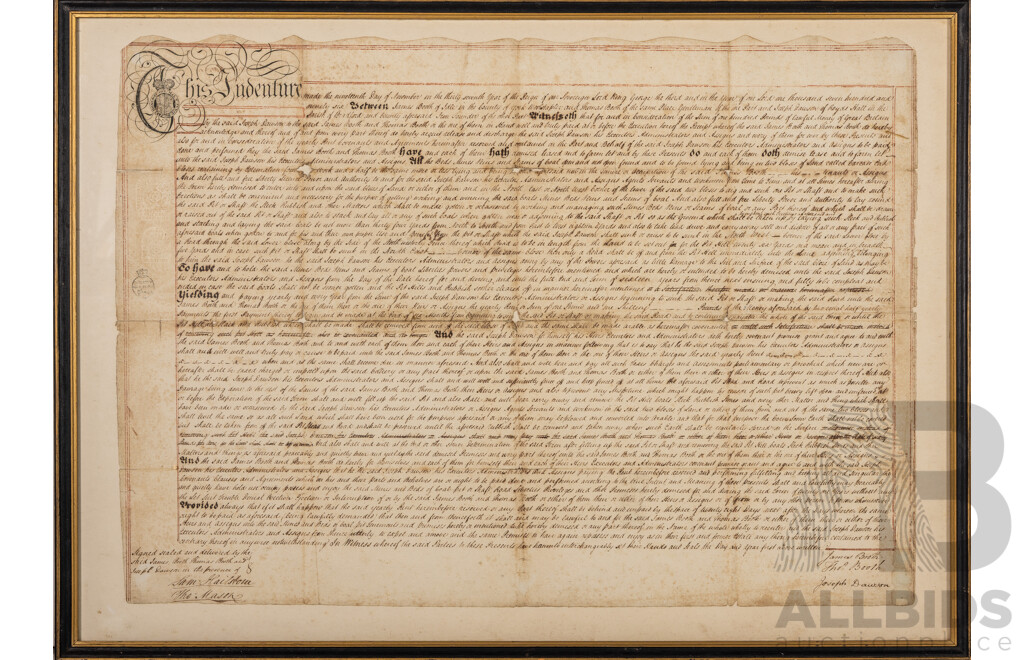 Wonderful Antique Indenture Between James & Thomas Booth and Joseph Dawson, Britain (1796),  Ink and Paper, 57 x 79 cm (frame)