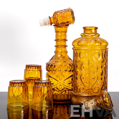 Vintage Jim Beam AMber GLass Decanter, Italian Amber Decanter and Four AMber Coloured Tumblers Marked Indonesia