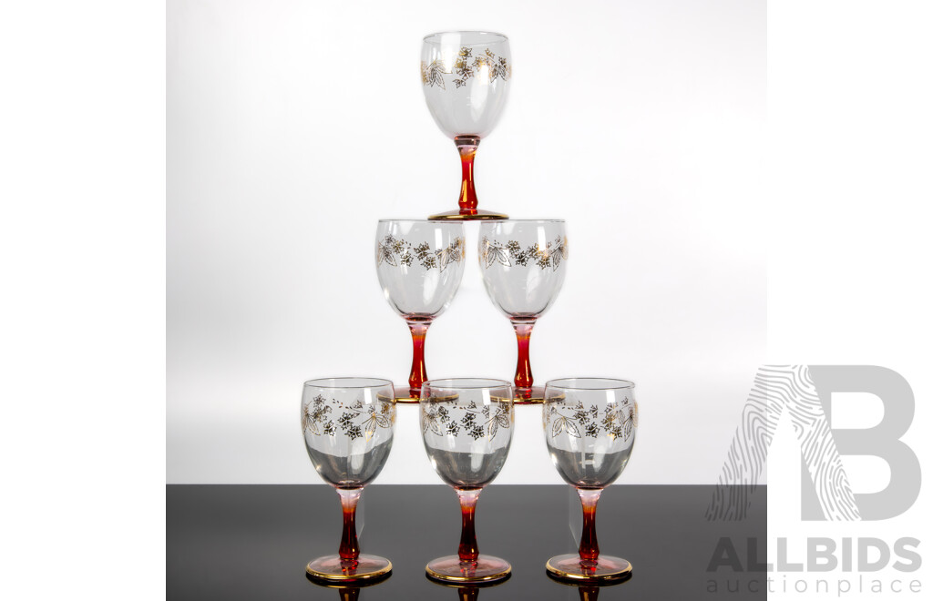 Set of Six Crown Crystal Pink with Gold Accent Wine Glasses