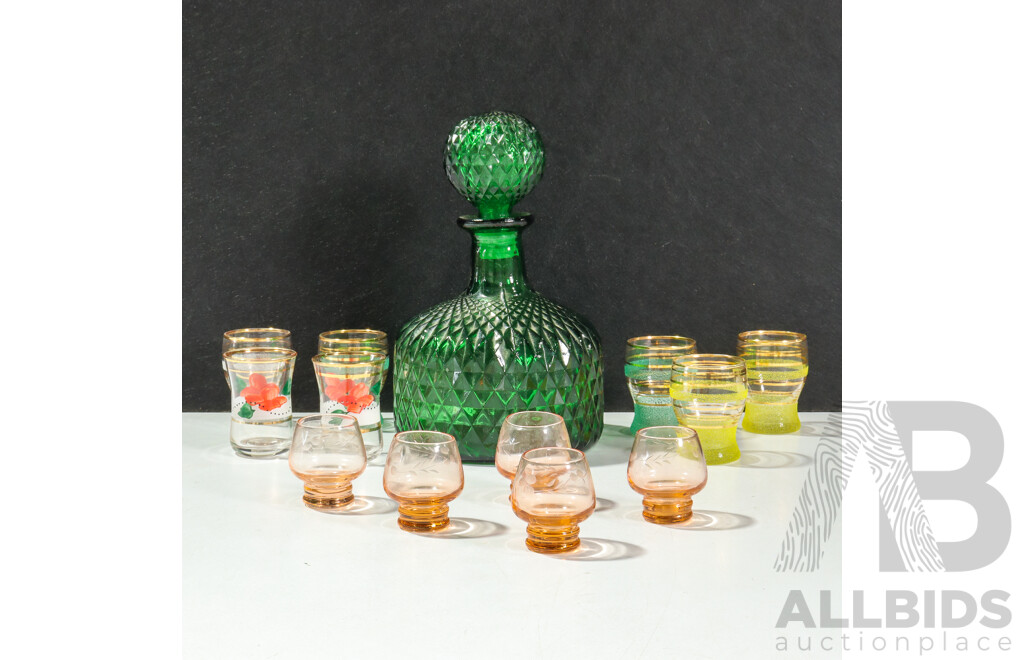 Vintage Green Glass Lidded Decanter with Various Sugar Frosted Shot Glasses