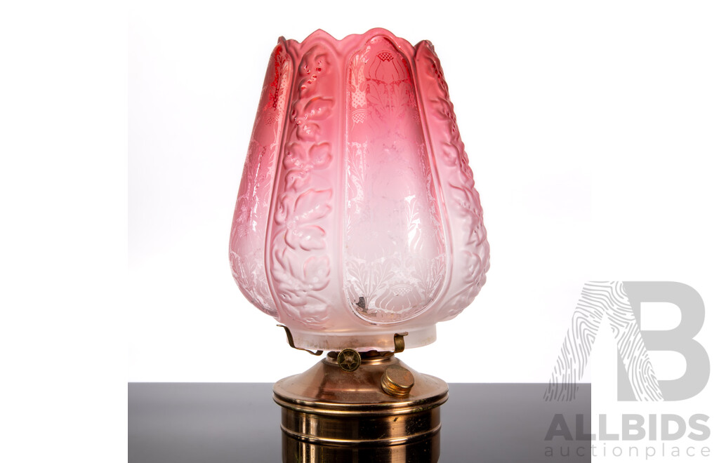 Vintage Metal Based Oil Lamp with Ruby Glass Shade