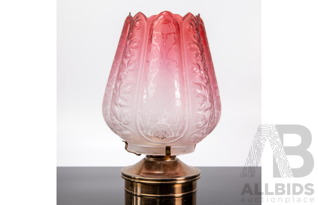Vintage Metal Based Oil Lamp with Ruby Glass Shade
