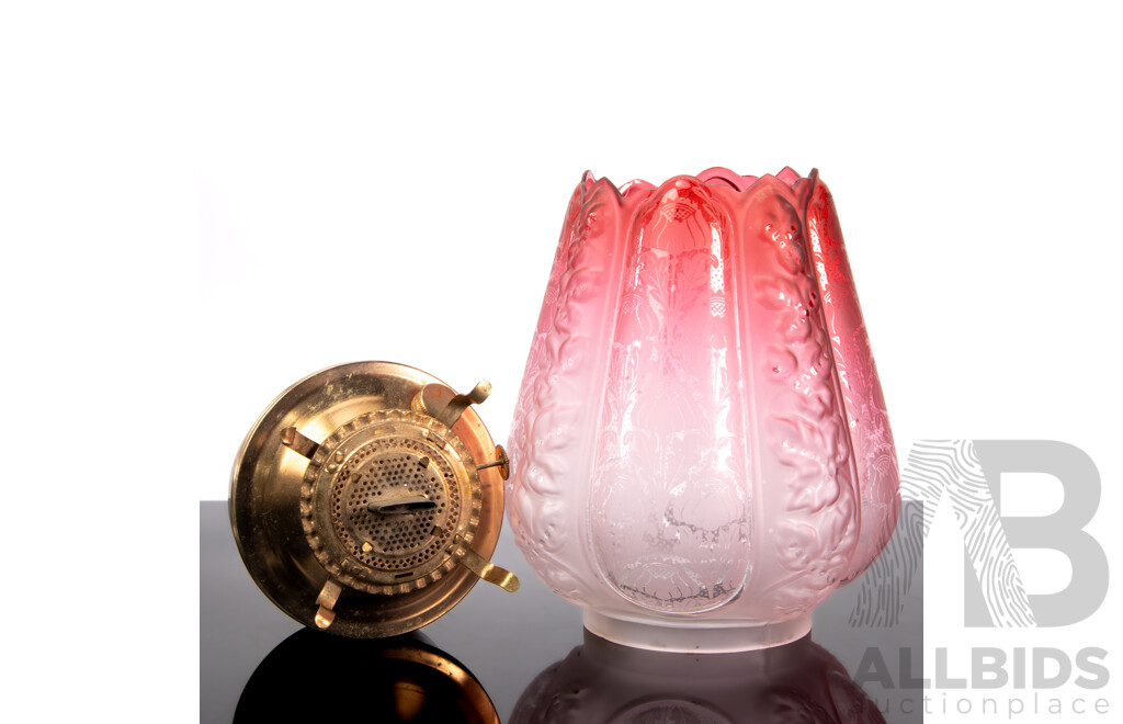 Vintage Metal Based Oil Lamp with Ruby Glass Shade