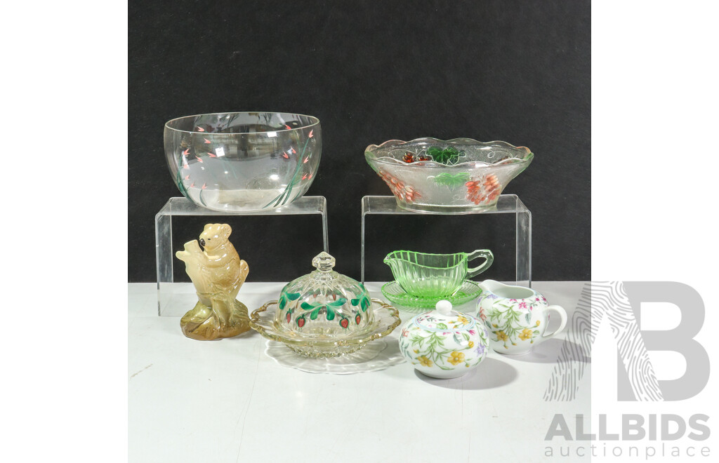 Collection of Glass and Ceramics Inc Cheese Dome, Green Glass Gravy Boat and Tray and Moere