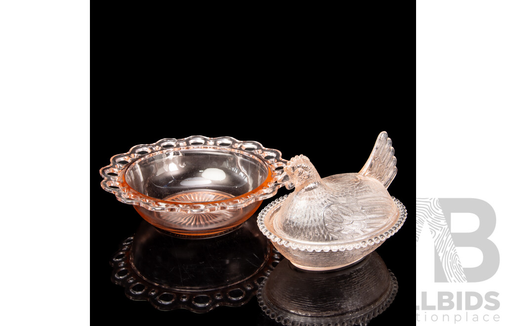 Vintage Hen Form Lidded Bowl and Pierced Rim Dish