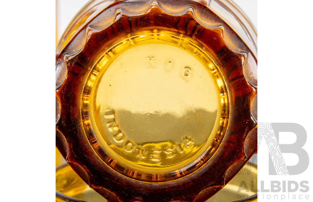 Vintage Jim Beam Amber GLass Decanter, Italian Amber Decanter and Four Amber Coloured Tumblers Marked Indonesia