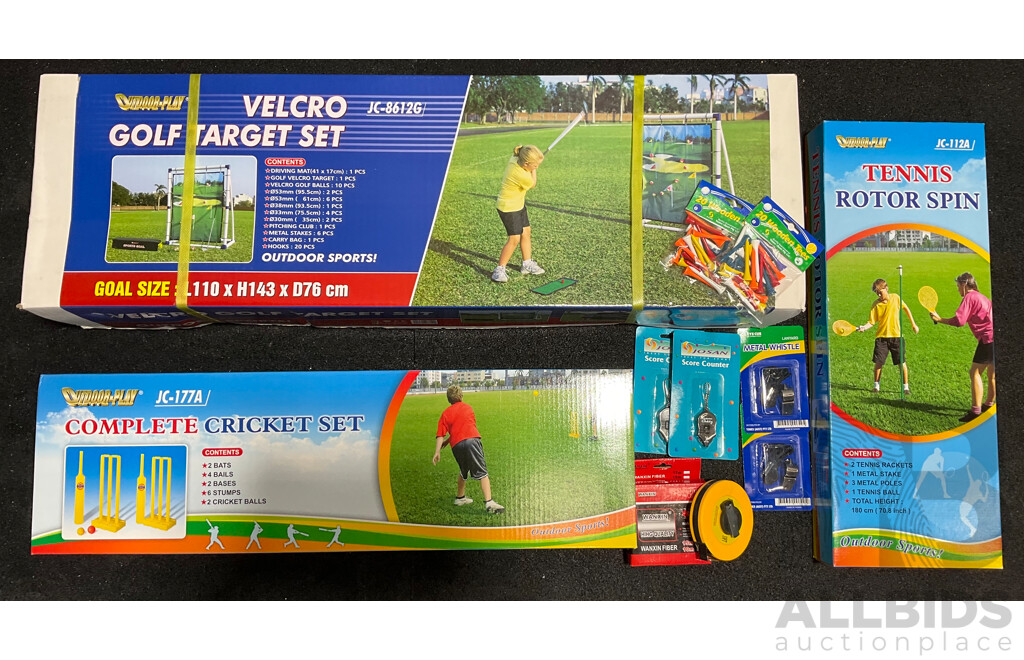 Collection of Various Sports Equipment for Golf, Cricket and Tennis - Lot of 10