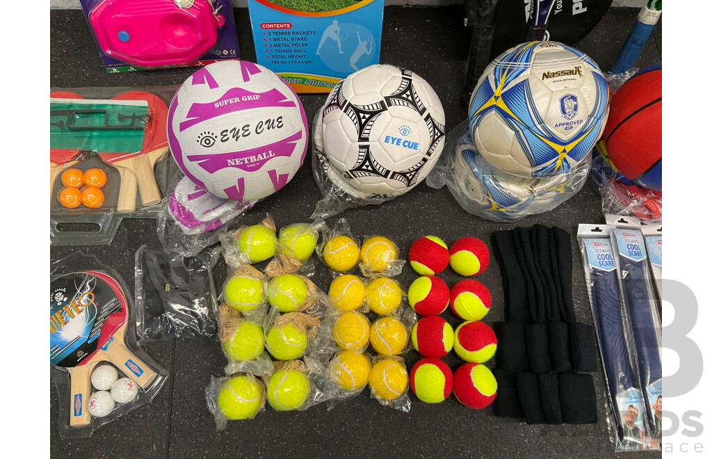 Collection of Various Sports Equipment for Tennis, Table Tennis, Basketball, Soccer, , Including Various Balls, Tennis Rotor Spin and More - Lot of 73