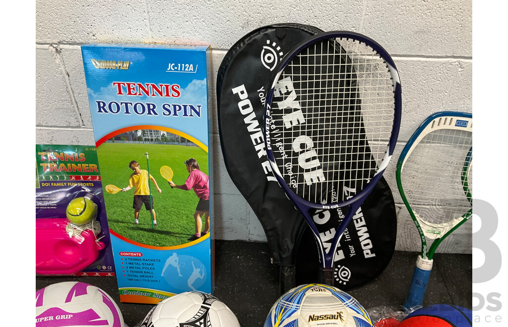 Collection of Various Sports Equipment for Tennis, Table Tennis, Basketball, Soccer, , Including Various Balls, Tennis Rotor Spin and More - Lot of 73