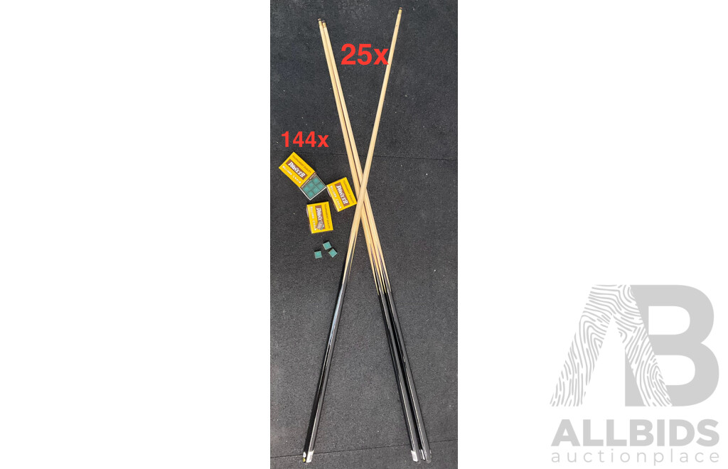 60' One Piece Cue (x25) and PIONEER Billiard Chalk (x144) - Lot of 169