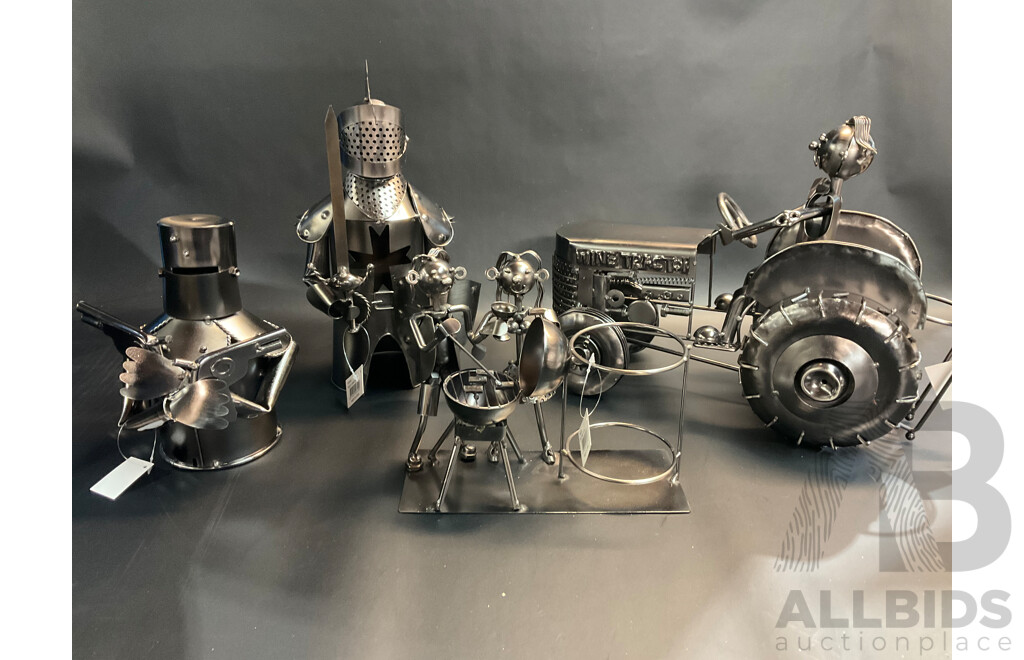 Assorted Metal Sculptures - Wine Bottle Holders, Including Ned Kelly, Knight and More - Lot of 4