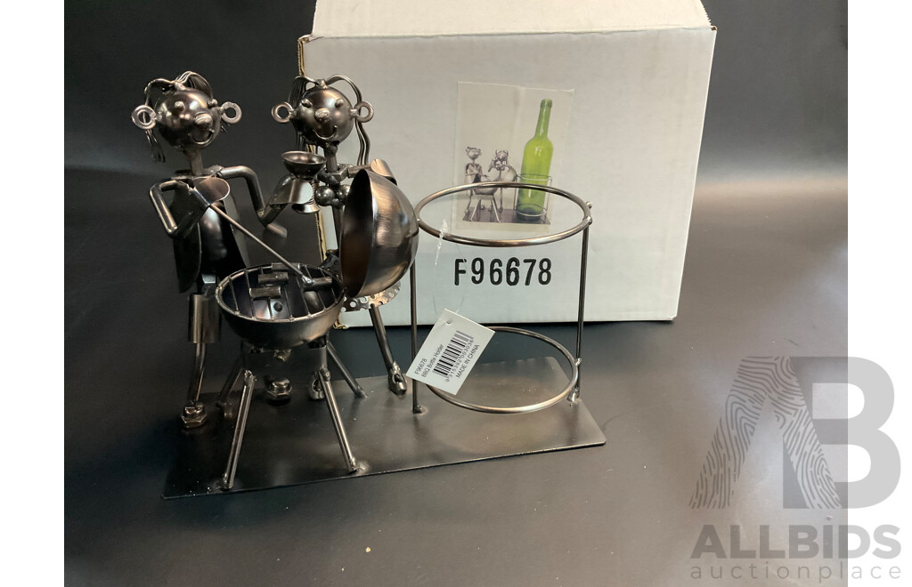 Assorted Metal Sculptures - Wine Bottle Holders, Including Ned Kelly, Knight and More - Lot of 4