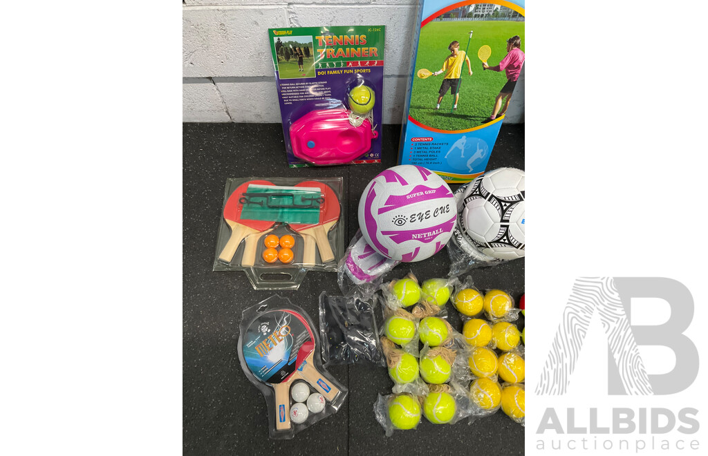 Collection of Various Sports Equipment for Tennis, Table Tennis, Basketball, Soccer, Including Various Balls,  Tennis Rotor Spin and More - Lot of 73