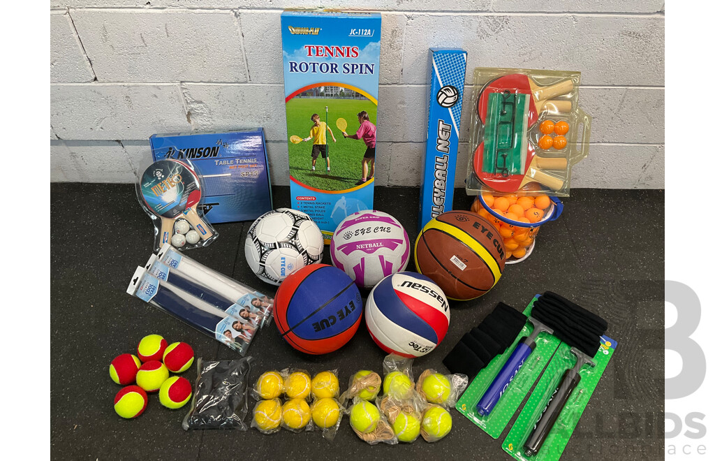 Collection of Various Sports Equipment for Tennis, Table Tennis, Volleyball, Basketball, Soccer, Including Various Balls,  Tennis Rotor Spin and More - Lot of 59