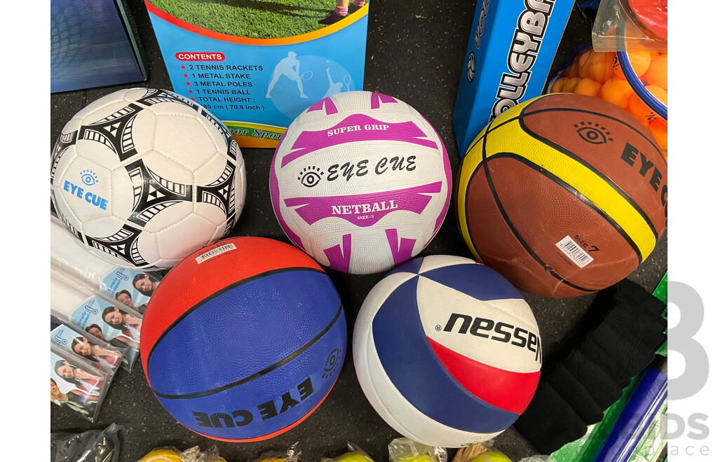 Collection of Various Sports Equipment for Tennis, Table Tennis, Volleyball, Basketball, Soccer, Including Various Balls,  Tennis Rotor Spin and More - Lot of 59