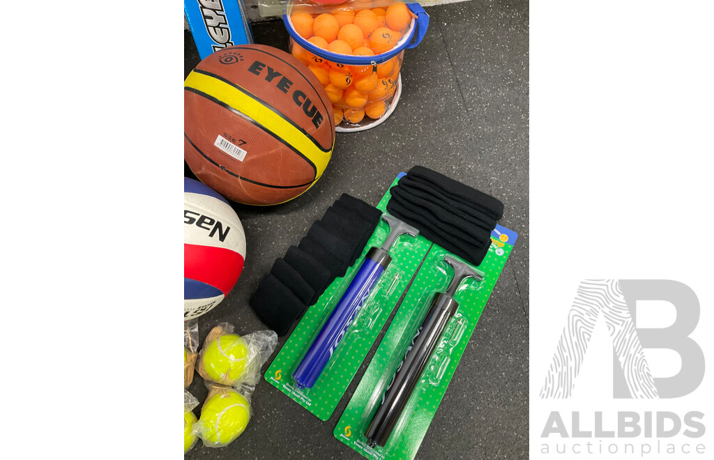 Collection of Various Sports Equipment for Tennis, Table Tennis, Volleyball, Basketball, Soccer, Including Various Balls,  Cricket Set and More - Lot of 59