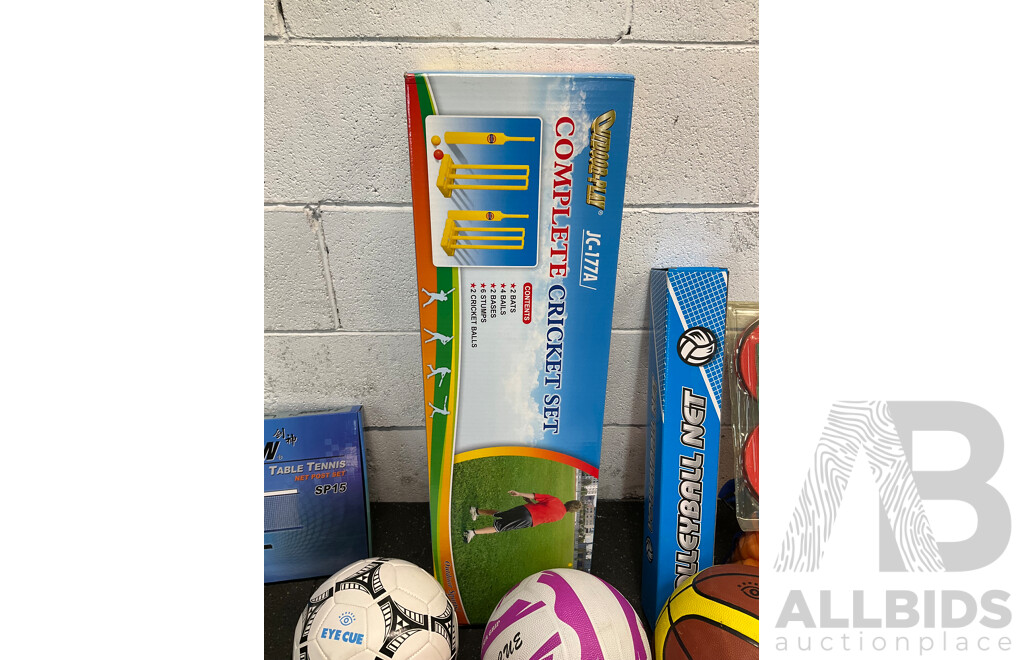 Collection of Various Sports Equipment for Tennis, Table Tennis, Volleyball, Basketball, Soccer, Including Various Balls,  Cricket Set and More - Lot of 59
