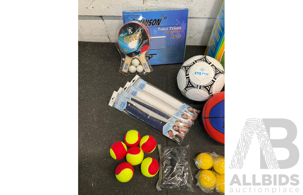 Collection of Various Sports Equipment for Tennis, Table Tennis, Volleyball, Basketball, Soccer, Including Various Balls,  Cricket Set and More - Lot of 59