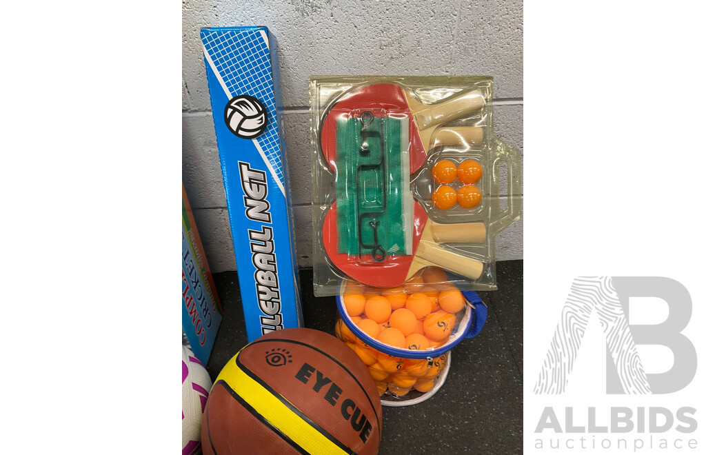 Collection of Various Sports Equipment for Tennis, Table Tennis, Volleyball, Basketball, Soccer, Including Various Balls,  Cricket Set and More - Lot of 59