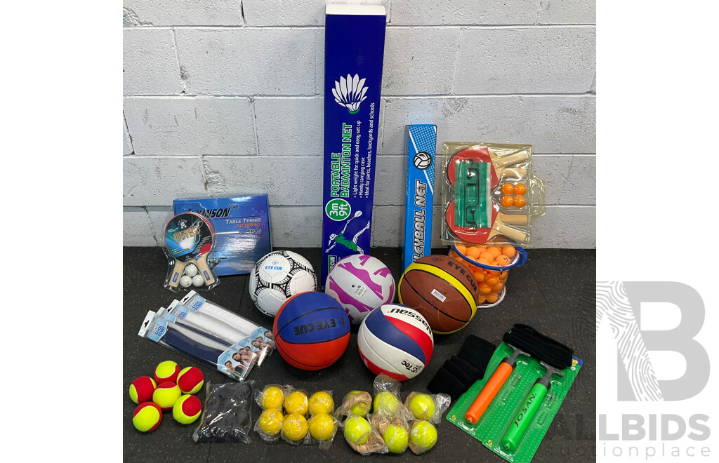 Collection of Various Sports Equipment for Tennis, Table Tennis, Volleyball, Basketball, Soccer, Including Various Balls,  Portable Badminton Net and More - Lot of 59