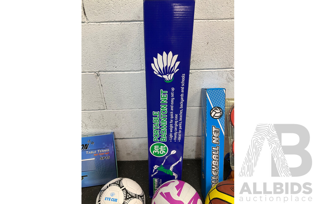 Collection of Various Sports Equipment for Tennis, Table Tennis, Volleyball, Basketball, Soccer, Including Various Balls,  Portable Badminton Net and More - Lot of 59
