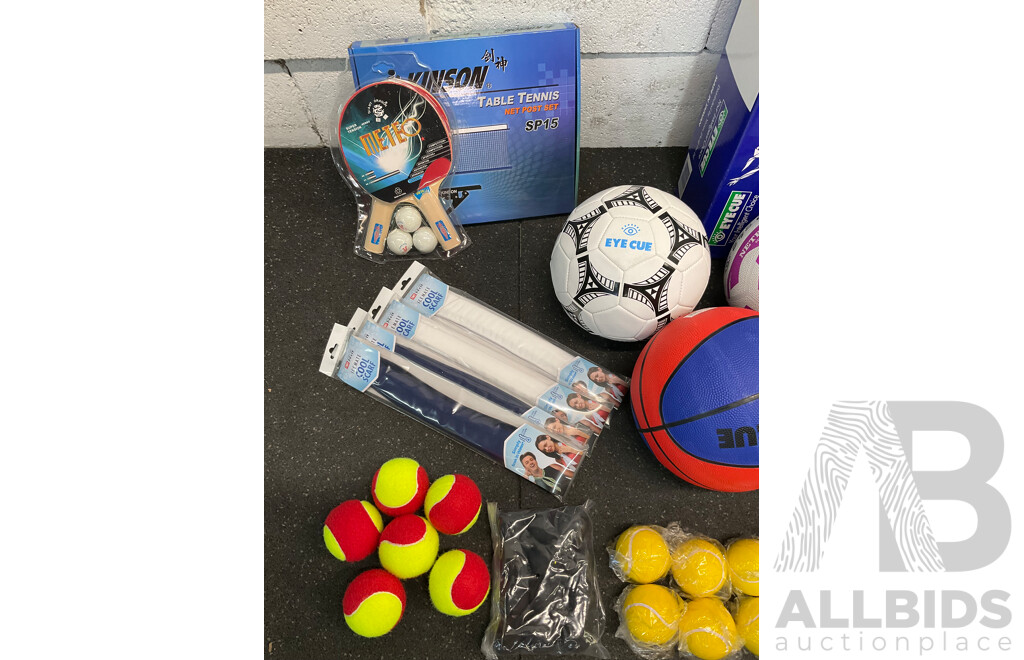 Collection of Various Sports Equipment for Tennis, Table Tennis, Volleyball, Basketball, Soccer, Including Various Balls,  Portable Badminton Net and More - Lot of 59