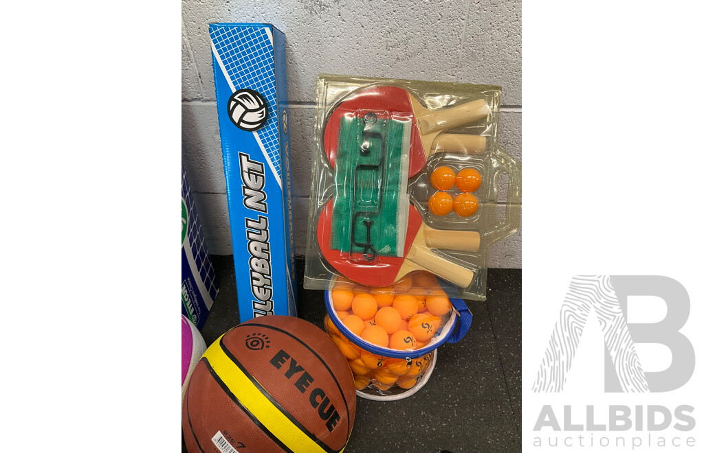 Collection of Various Sports Equipment for Tennis, Table Tennis, Volleyball, Basketball, Soccer, Including Various Balls,  Portable Badminton Net and More - Lot of 59